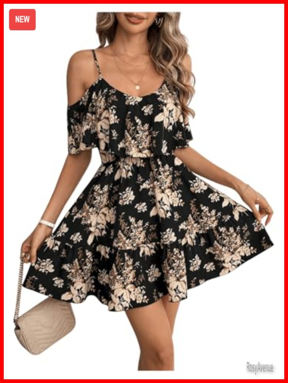 Boho Floral Mini Dress Cold Shoulder Ruffle A-Line Short Sleeve Sundress
